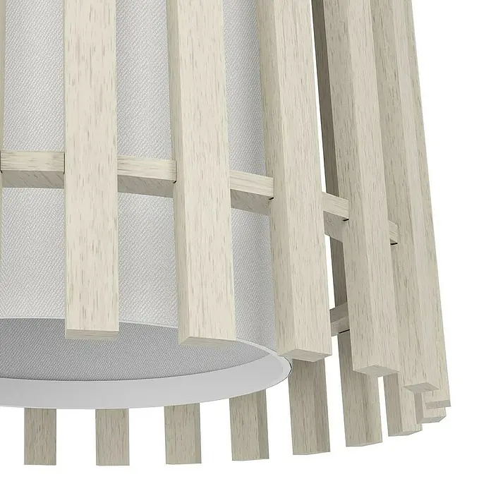 Eglo Fattoria Lámpara colgante - 25 W, L x An x Al: 90 x 20 x 110 cm, Marrón claro, E27 - Primer plano de una lámpara colgante moderna con listones de madera y una pantalla de tela, que promete una luz cálida y difusa.