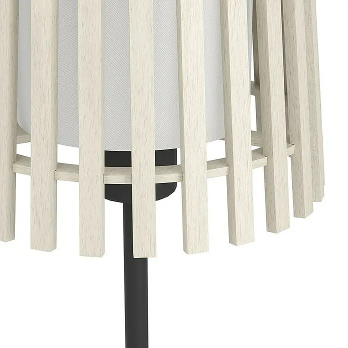 Eglo Fattoria Lámpara de sobremesa - Ø x Al: 20 x 45 cm, Marrón claro, E27 - Primer plano de una lámpara de pie moderna con una pantalla blanca rodeada de listones de madera y base negra.