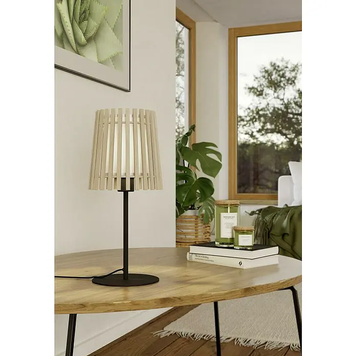 Eglo Fattoria Lámpara de sobremesa - Ø x Al: 20 x 45 cm, Marrón claro, E27 - Una lámpara de mesa moderna con pantallas de madera y una base negra esbelta, creando un ambiente cálido y acogedor.