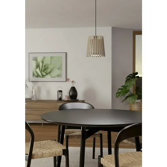 Eglo Fattoria Lámpara colgante - 25 W, Ø x Al: 20 x 110 cm, Marrón claro, E27 - Elegante comedor con una mesa redonda de madera y una lámpara colgante moderna que crea un ambiente cálido.