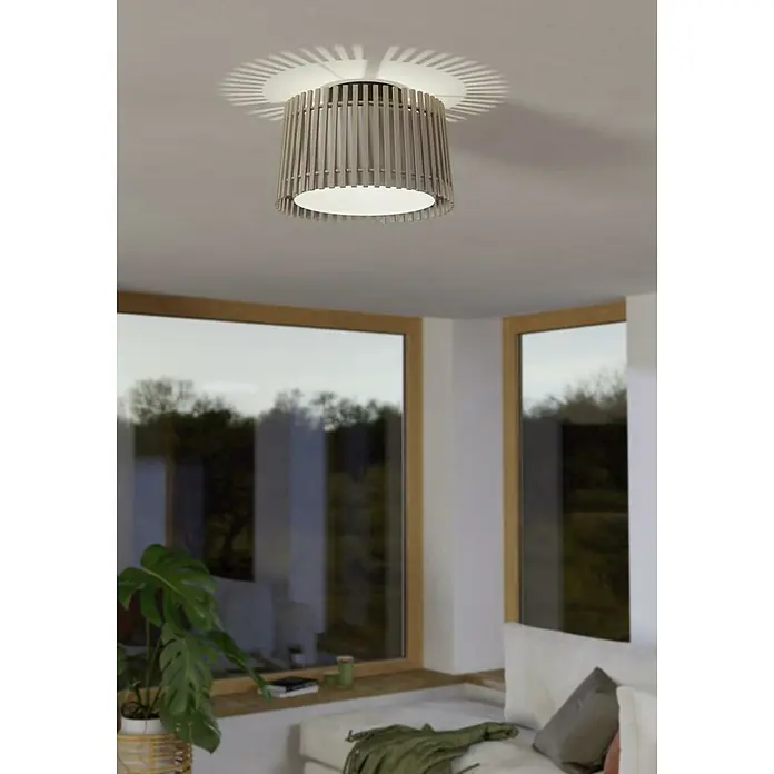 Eglo Fattoria Plafón - 25 W, Ø x Al: 38 x 24 cm, Marrón claro, E27 - La lámpara de techo de listones proyecta un patrón de luz especial en el techo y crea un ambiente agradable en la habitación.