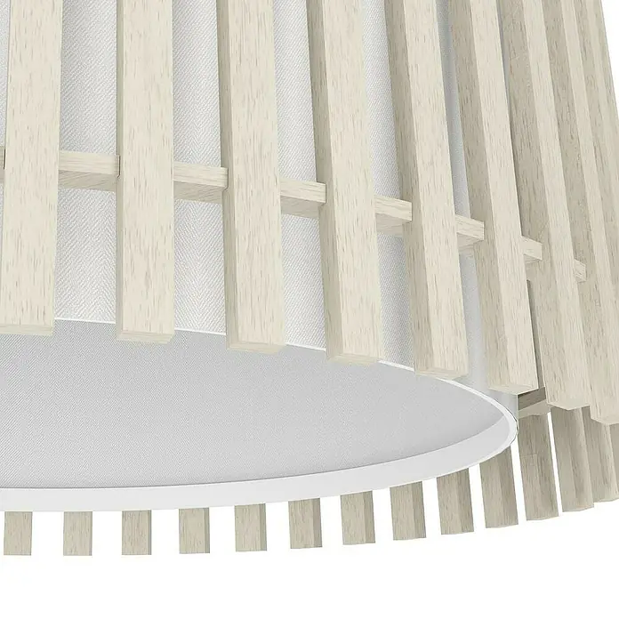 Eglo Fattoria Plafón - 25 W, Ø x Al: 38 x 24 cm, Marrón claro, E27 - Primer plano de una lámpara de madera clara con pantalla blanca, que promete una luz suave y difusa.\n