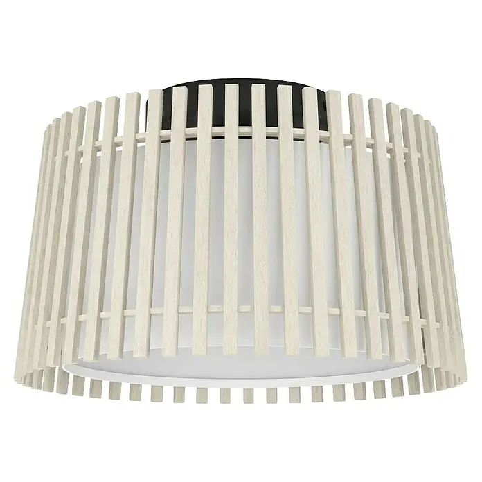 Eglo Fattoria Plafón - 25 W, Ø x Al: 38 x 24 cm, Marrón claro, E27 - Elegante lámpara de techo con diseño de listones de madera y pantalla blanca. La lámpara proporciona una luz cálida y acogedora.