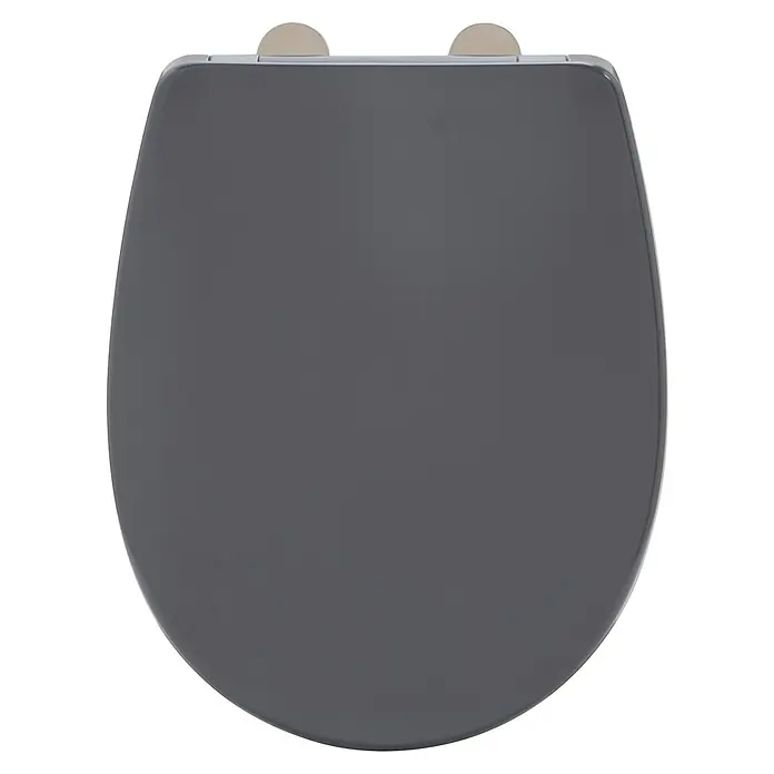 Bemis WC-Sitz Classic - Duroplast, Dunkelgrau, Mit Absenkautomatik - Ein grauer Toilettensitz mit silbernen Scharnieren, der Komfort und Stil in jedes Badezimmer bringt.