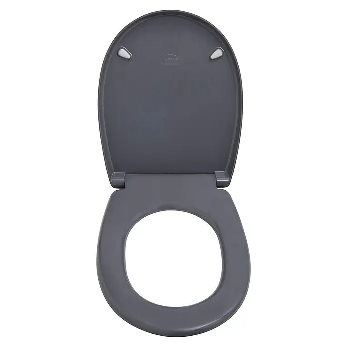 Bemis WC-Sitz Classic - Duroplast, Dunkelgrau, Mit Absenkautomatik - Grauer Toilettensitz mit geöffnetem Deckel. Der Sitz ist oval und aus robustem Material gefertigt, ideal für jedes Badezimmer.