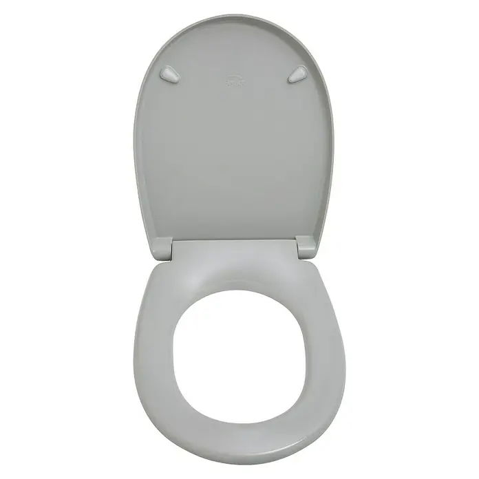 Bemis WC-Sitz Classic - Duroplast, Hellgrau, Mit Absenkautomatik - Grauer Toilettensitz mit geöffnetem Deckel, der die saubere, schlichte Form und die einfache Installation des Produkts hervorhebt.