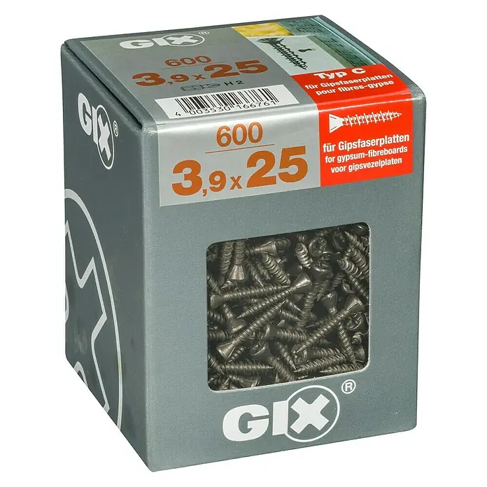 Spax Trockenbauschraube GIX C - Durchmesser: 3,9 mm, Länge: 25 mm, Senkkopf, 600 Stk. - Eine Schachtel GIX-Schrauben 3,9x25 mm, 600 Stück, geeignet für Gipsfaserplatten, sowohl für Profis als auch für Heimwerker.