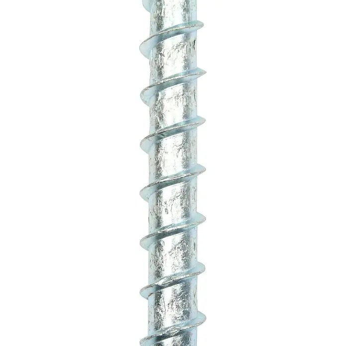 Profi Depot Kombibetonschraube - Durchmesser: 10,5 mm, Länge: 60 mm, V 40, 25 Stk. - Nahaufnahme einer Schraube mit einem silbernen Schaft und einem gewundenen Gewinde vor einem schwarzen Hintergrund.
