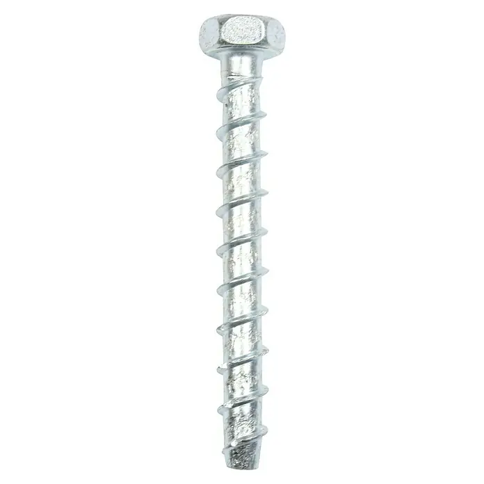 Profi Depot Kombibetonschraube - Durchmesser: 10,5 mm, Länge: 120 mm, V 40, 25 Stk. - Nahaufnahme einer einzelnen, silberfarbenen Betonschraube mit Gewinde und Sechskantkopf vor schwarzem Hintergrund.