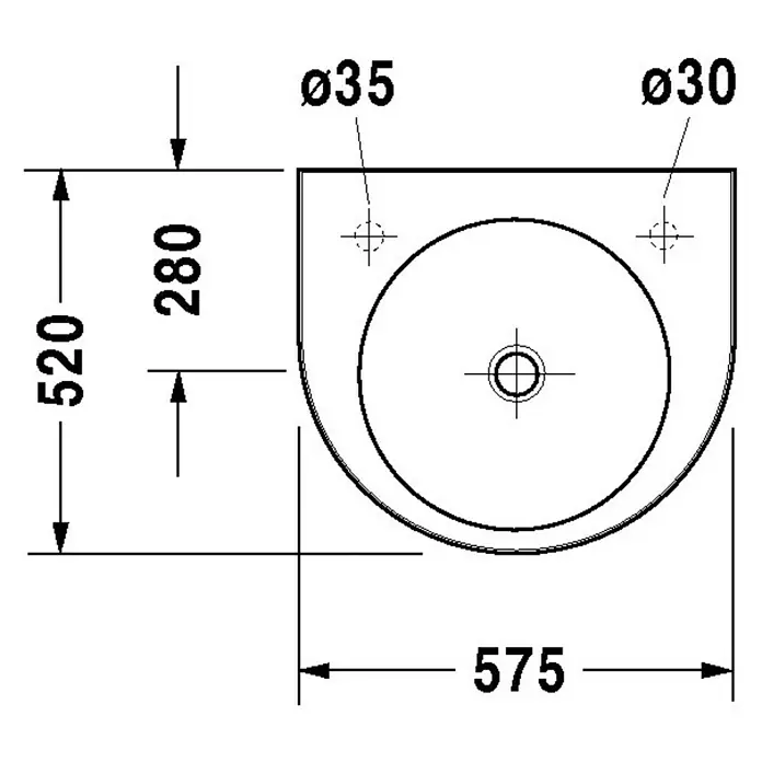 Duravit Architec Waschtisch - 57,5 x 52 cm, Ohne Spezialglasur, Hahnloch: Rechts, Mit Überlauf, Weiß - Technische Zeichnung eines Waschtisches mit den Maßen 520 x 575 mm und Details zu Befestigungspunkten.