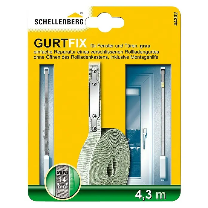 Schellenberg Gurtfix MiniLänge: 4,3 m, Gurtbreite: 14 mm, Grau - Abbildung der Schellenberg Gurtfix für Fenster und Türen, grau, zur einfachen Reparatur von Rollladengurten ohne Kastenöffnung.