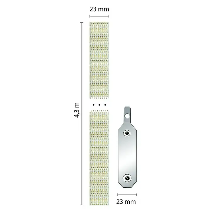 Schellenberg Gurtfix MaxiLänge: 4,3 cm, Gurtbreite: 23 mm, Grau - Abbildung eines 4,3 m langen und 23 mm breiten Gurtbands mit einem metallischen Endstück zur Befestigung.