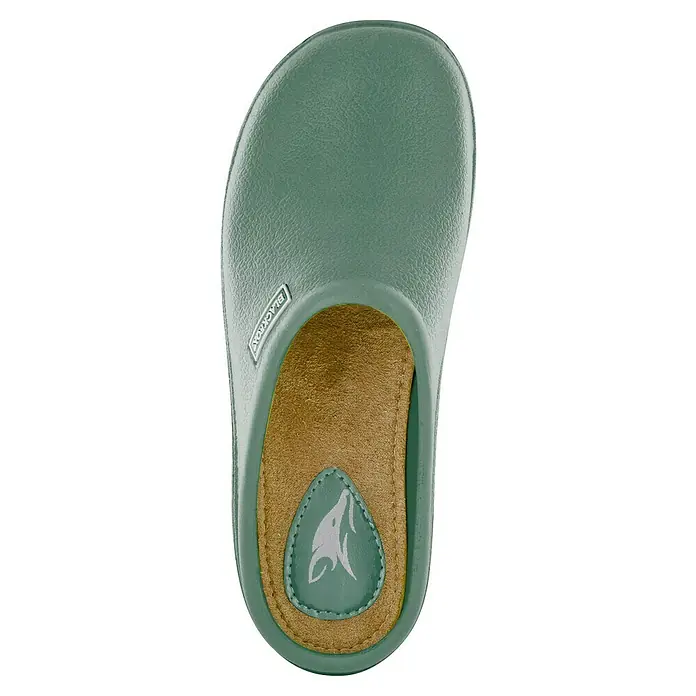 Black Fox Colors Gartenclogs - Schuhgröße: 46, Grün - Nahaufnahme eines einzelnen Blackrock Gartenschuhs in Grün mit braunem Innenfutter und Wolfslogo auf der Innensohle.