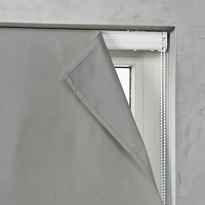 Raffrollo - B x H: 60 x 180 cm, Grau - Graue Verdunkelungsrollos für Fenster mit Kettenzug und hellem Rahmen. Perfekt zur Lichtsteuerung und als Sichtschutz.