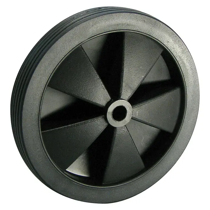 Dörner & Helmer Leichtes Rad - Durchmesser: 130 mm, Traglast: 20 kg, Gleitlager, Rillenprofil - Nahaufnahme eines schwarzen, robusten Rades, ideal für Wagen oder Geräte, mit deutlichem Profil und stabiler Konstruktion.