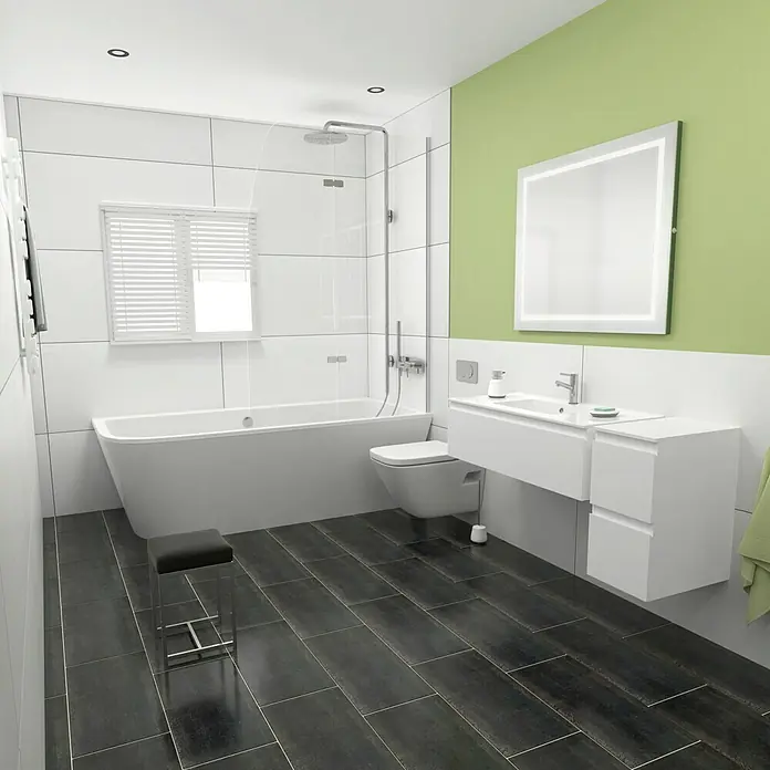 Camargue Espacio Badmöbel-Set L2 - 130 cm, Gama weiß matt - Badezimmer mit Badewanne, Toilette, Waschbecken und Spiegel. Das moderne Design wird durch grüne Akzente und dunkle Fliesen ergänzt.