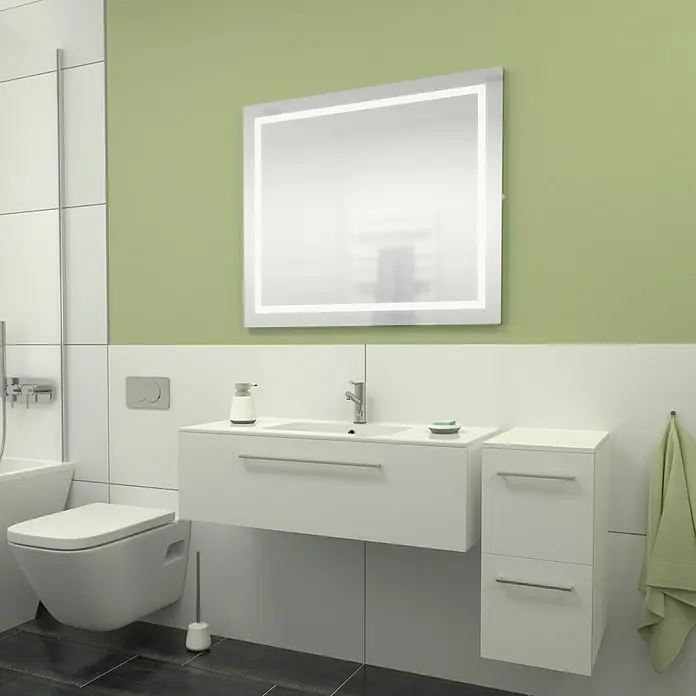 Camargue Espacio Badmöbel-Set L1 - 130 cm, Mira - Modernes Badezimmer mit weißem Waschtisch, beleuchtetem Spiegel und hängendem WC. Das Design ist minimalistisch und funktional.