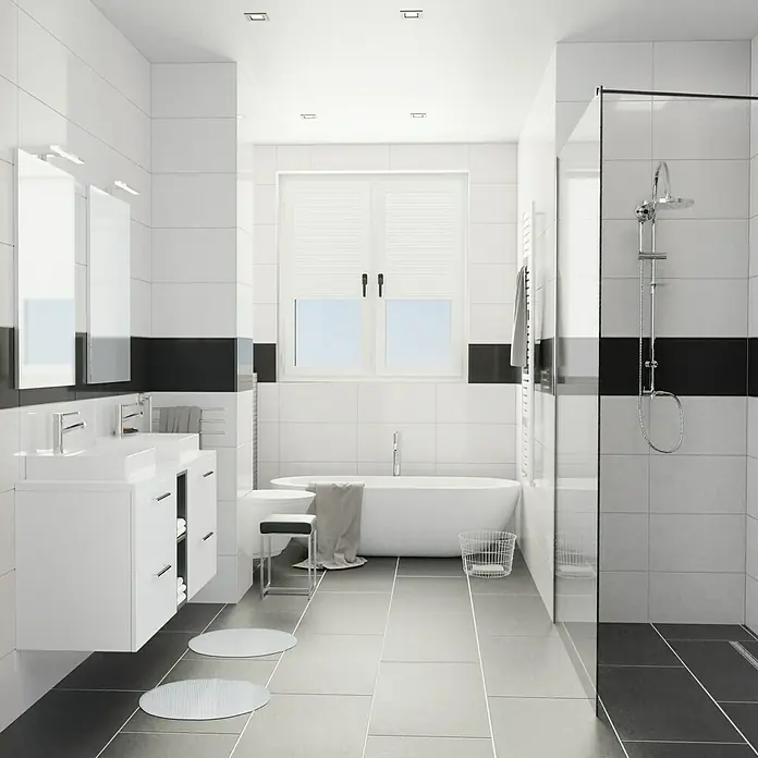 Camargue Espacio Badmöbel-Set M11 - 140 cm, Mira - Helles Badezimmer mit weißen Fliesen, schwarzem Akzentstreifen, moderner Badewanne und Waschtisch mit Spiegel für ein stilvolles Ambiente.