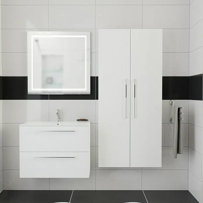 Camargue Espacio Badmöbel-Set O1 - 160 cm, Mira - Ein modernes Badezimmer-Set mit einem Waschbeckenunterschrank, einem Spiegelschrank mit Beleuchtung und einem Hängeschrank.