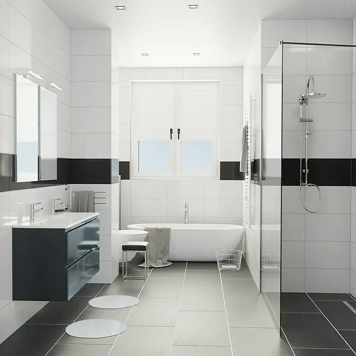 Camargue Espacio Badmöbel-Set K5 - 120 cm, Gama anthrazit glänzend - Helles Badezimmer mit Badewanne unter dem Fenster, Dusche mit Glaswand und Waschtisch mit großem Spiegel.