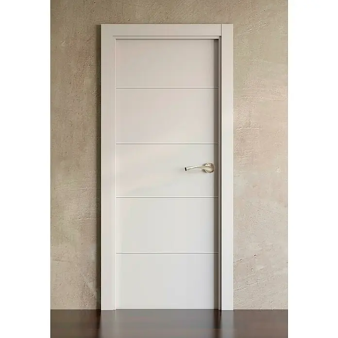 Pack puerta de interior Recife Evo con manilla - 72,5 x 203 cm, Izquierda, Blanco - Puerta interior blanca y minimalista con líneas horizontales y una manija elegante, ideal para espacios modernos.