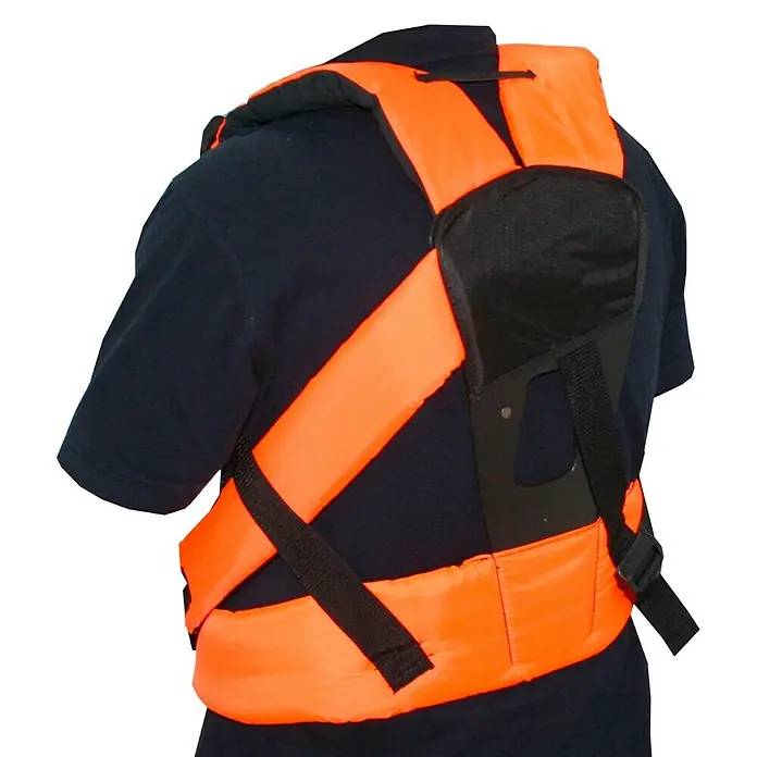 Arnés de seguridad Acolchado - Easy Clips - Vista posterior de un chaleco salvavidas naranja con correas negras, usado sobre una camiseta oscura.