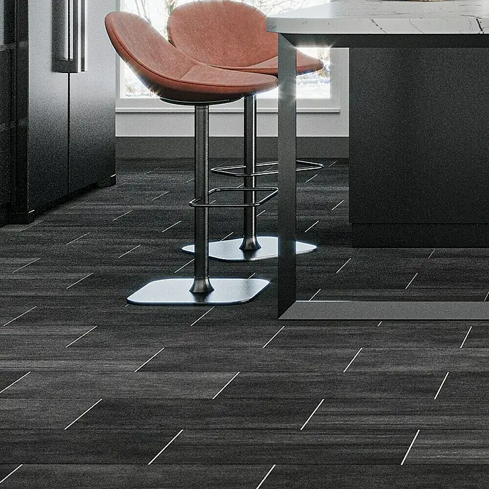 Steingutfliese Wave - 30 x 60 cm, Anthrazit, Matt - Moderne Barhocker in einem stilvollen Küchenbereich mit dunklem Bodenbelag und minimalistischem Küchendesign.