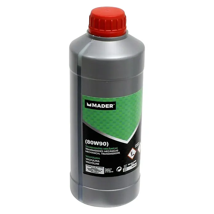 Lubricante para engranajes Valvulina-MGD 80W90 - 1 l - Botella gris de aceite de engranajes Mader 80W90 para transmisiones mecánicas con tapón rojo.