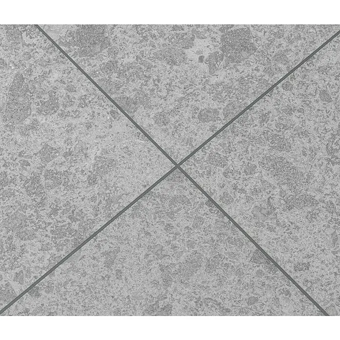 Feinsteinzeugfliese Hannover Steel - 60 x 60 cm, Grau, Matt - Nahaufnahme von grauen Bodenfliesen mit einem unregelmäßigen Muster und dunklen Fugenlinien, die sich kreuzen.