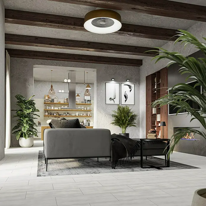 Palazzo Feinsteinzeugfliese Living Stone - 30 x 60 cm, Weiß, Matt - Ein moderner Deckenventilator mit Beleuchtung. Das minimalistische Design passt perfekt in ein stilvolles Wohnambiente und sorgt für angenehme Luftzirkulation.