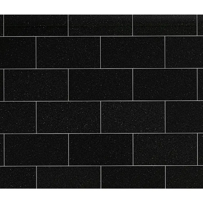 Natursteinfliese Absolute Black - 30,5 x 61 cm, Tiefschwarz, Glänzend - Nahaufnahme eines dunklen, glitzernden Musters aus rechteckigen Fliesen mit dünnen, hellen Fugenlinien, das eine elegante Textur erzeugt.