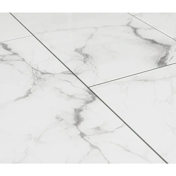 Feinsteinzeugfliese Prizma Statuario - 30 x 60 cm, Weiß/Grau, Glänzend - Marmorfliesenboden mit grauen Adern. Das elegante Muster und die glatte Oberfläche schaffen ein luxuriöses Ambiente für jeden Raum.