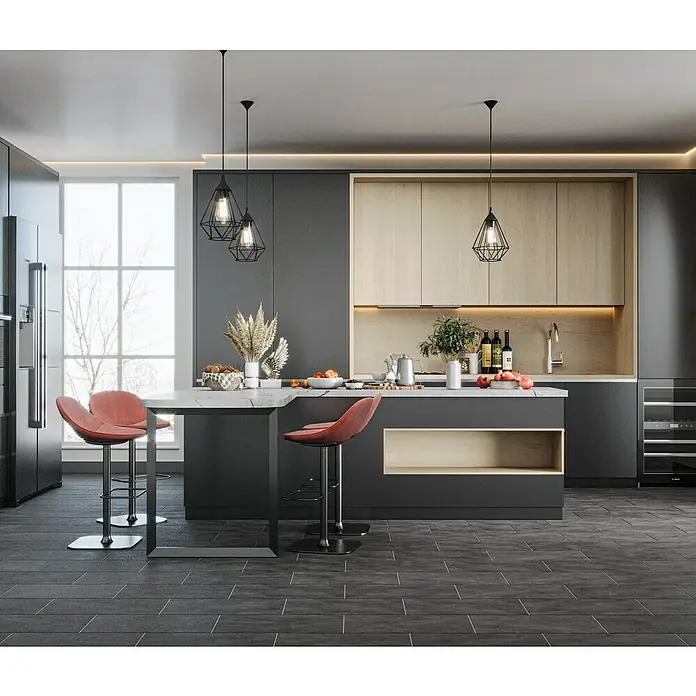 Domicil Feinsteinzeugfliese Living Concrete Urban - 30 x 60 cm, Anthrazit, Matt - Elegantes Küchendesign mit modernem Insel-Essbereich, stilvollen Barhockern und auffälligen Hängelampen für ein luxuriöses Ambiente.