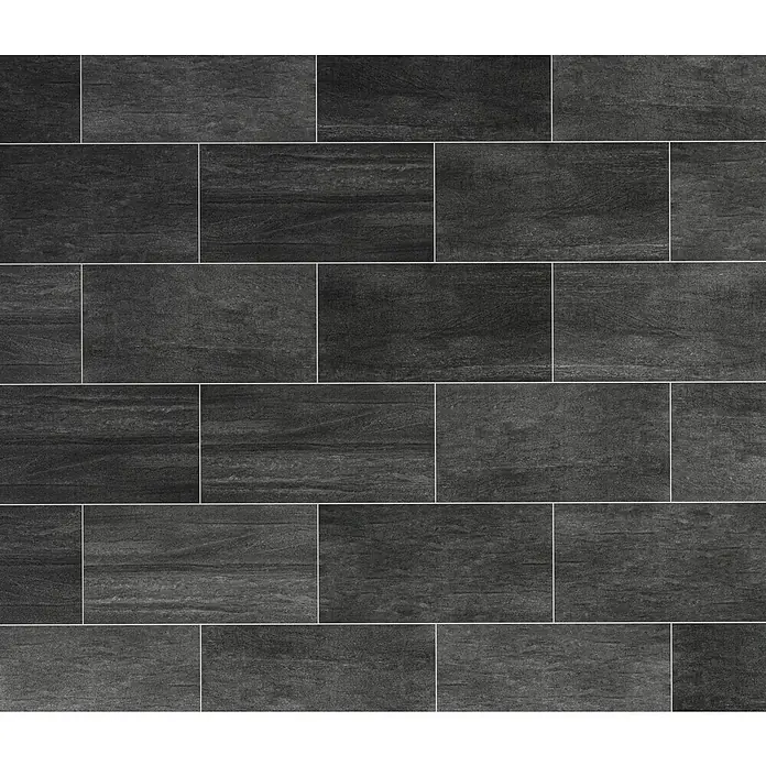 Steingutfliese Wave - 30 x 60 cm, Anthrazit, Matt - Schwarze Fliesenwand mit rechteckigen und quadratischen Formen, die ein modernes und elegantes Design erzeugt.