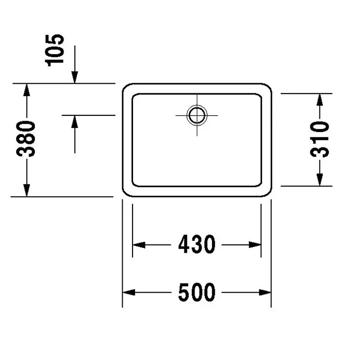 Duravit Vero Aufsatzwaschbecken - 50 x 38 cm, Ohne Spezialglasur, Hahnloch: Ohne, Ohne Überlauf, Weiß - Technische Zeichnung eines rechteckigen Waschbeckens mit den Maßen 500 x 380 mm und einer Beckentiefe von 105 mm.
