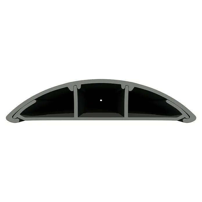 Aufbodenkanal - Länge: 2 m, PVC - Querschnitt eines Aluminiumprofils mit drei Hohlräumen und abgerundeter Oberseite, ideal für Konstruktionen und Rahmen.