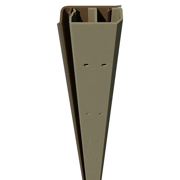 Sockelleistenkanal - 2 m x 50 mm x 20 mm, Buche - Das Bild zeigt eine Detailaufnahme eines Wandpaneels mit Befestigungslöchern, ideal für die Innenraumgestaltung.