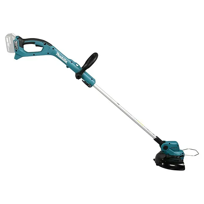 Makita LXT 18V Akku-Rasentrimmer DUR193Z - 18 V, Li-Ionen, Schnittbreite Faden: 26 cm - Akkubetriebener Rasentrimmer von Makita mit langem Schaft und Akku. Das Gerät ist in den Farben Türkis, Schwarz und Silber gehalten.