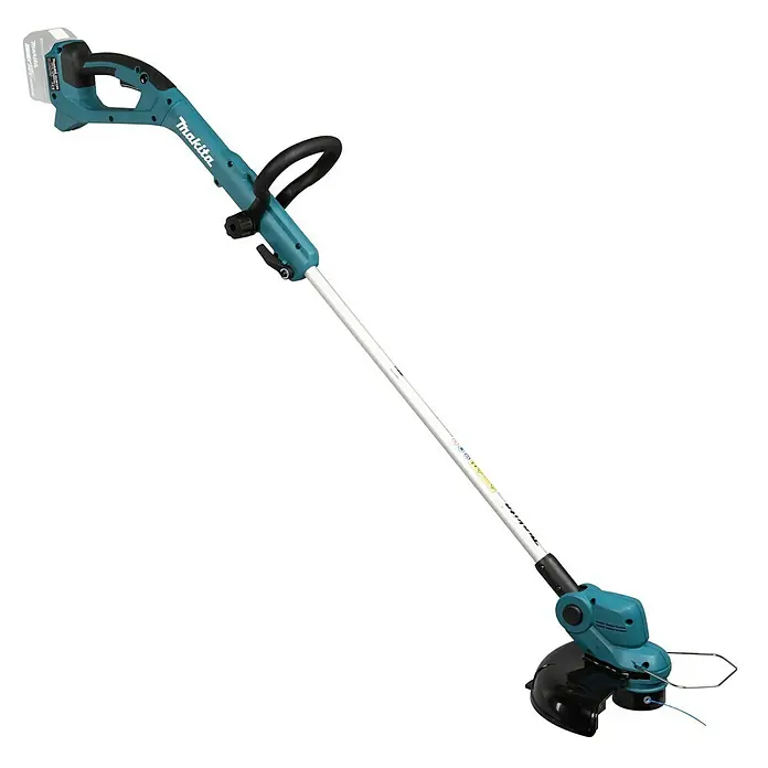Makita LXT 18V Akku-Rasentrimmer DUR193Z - 18 V, Li-Ionen, Schnittbreite Faden: 26 cm - Abbildung eines Makita Akku-Rasentrimmers mit Akku und Griff. Das Gerät ist blaugrün und weiß.