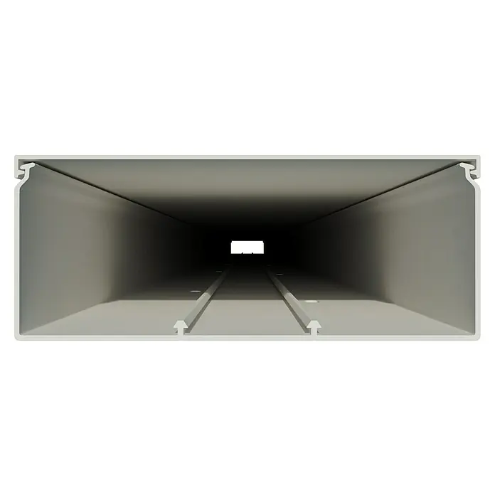 Kabelkanal - 2 m x 100 mm x 40 mm, Weiß - Innenansicht eines grauen Profils mit Schienen und einem rechteckigen Element am Ende, geeignet für verschiedene Bau- und Designanwendungen.