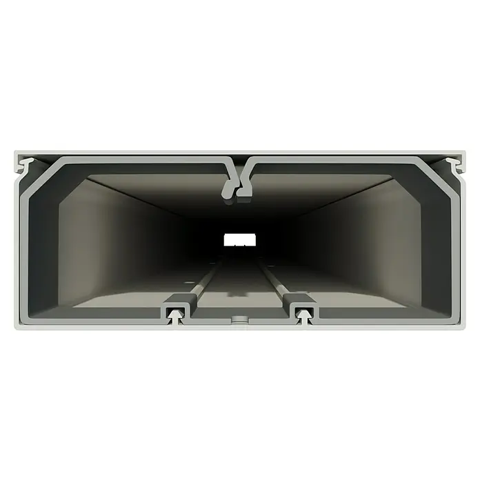 Kabelkanal - 2 m x 100 mm x 40 mm, Weiß - Querschnitt eines länglichen, grauen LED-Aluminiumprofils. Ideal für die nahtlose Integration von LED-Streifen in moderne Innenräume.