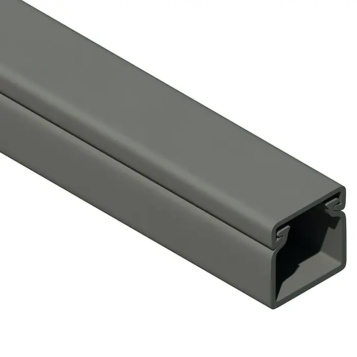 Kabelkanal - L x B x H: 2 m x 15 mm x 15 mm, Grau - Nahaufnahme eines grauen Kabelkanals, der zur Organisation und zum Schutz von Kabeln in verschiedenen Umgebungen verwendet wird.