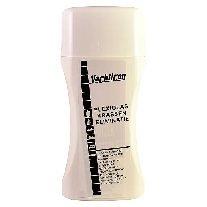 Yachticon Eliminador de arañazos de vidrio acrílico - Líquida, 250 ml - Yachticon Plexiglas Elimina Arañazos en una botella blanca con letras negras, ideal para quitar arañazos.