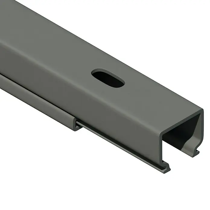 Kabelkanal - L x B x H: 2 m x 15 mm x 15 mm, Grau - Graues, rechteckiges Metallprofil mit einem länglichen Loch auf der Oberseite und einer Nut an der Unterseite zur Befestigung.