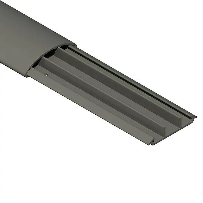 Aufbodenkanal - Steingrau, PVC, L x B x H: 2 m x 50 mm x 12 mm - Nahaufnahme eines grauen Kabelkanals mit gerippter Innenstruktur, ideal für die organisierte Kabelführung im Büro oder Zuhause.