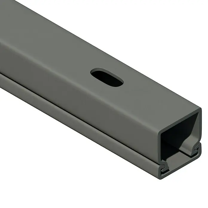 Kabelkanal - L x B x H: 2 m x 15 mm x 15 mm, Grau - Graues C-Profil mit länglichem Loch und rechteckigem Querschnitt. Ideal für Montage- und Befestigungsanwendungen.