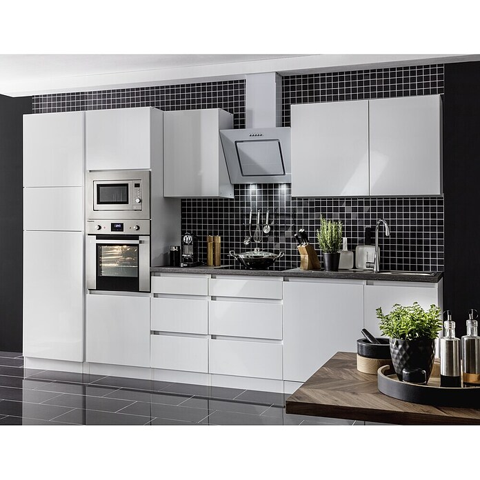 Respekta Premium Küchenzeile GLRP345HWWGKE (Breite: 345 cm, Mit Elektrogeräten, Weiß Hochglanz)