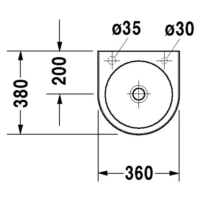 Duravit Architec Waschbecken - 36 x 38 cm, Ohne Spezialglasur, Hahnloch: Rechts, Weiß - Technische Zeichnung eines Waschbeckens mit Maßangaben zu Größe, Montagebohrungen und Abständen für die Installation.