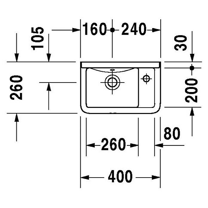 Duravit Starck 3 Waschbecken40 x 26 cm, Ohne Spezialglasur, Hahnloch: Rechts, Mit Überlauf, Weiß Sketch