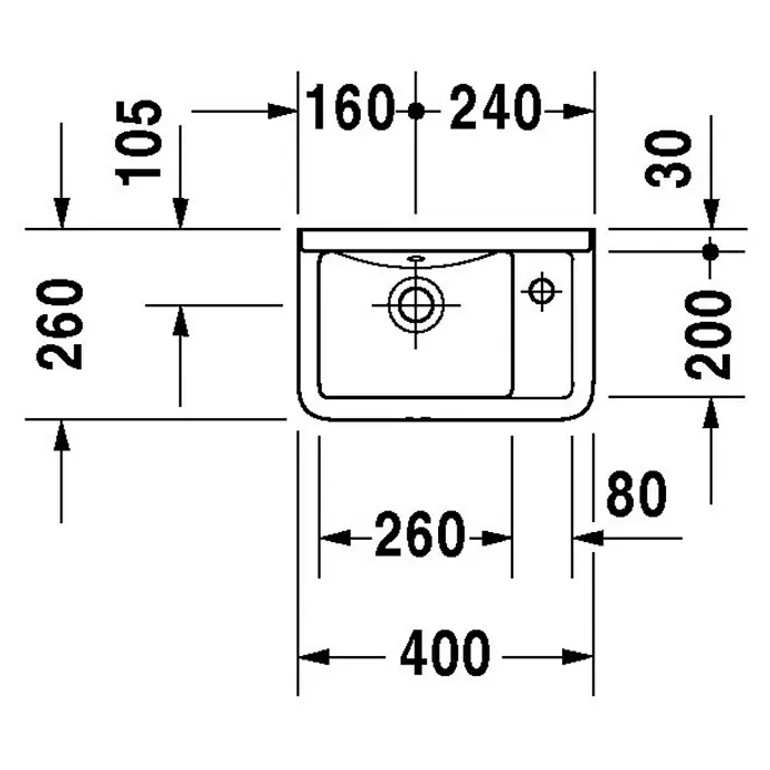 Duravit Starck 3 Waschbecken - 40 x 26 cm, Ohne Spezialglasur, Hahnloch: Rechts, Mit Überlauf, Weiß - Technische Zeichnung eines Waschtisches mit detaillierten Maßangaben für Installation und Planung.